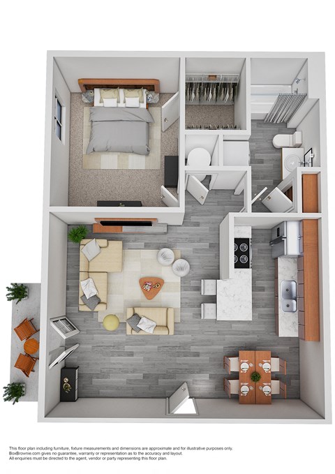 A floor plan of a small apartment with a bedroom, living room, and kitchen.